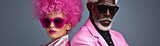 Dynamic duo of a senior African American man and a young woman with pink hair in bright makeup, suitable for fashion and beauty campaigns