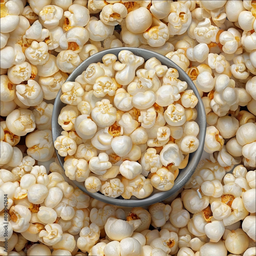 Seamless pattern of fluffy popcorn kernels popping in a pan, Generative AI