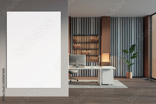 Modern luxury office interior with empty white mock up banner, bookcase and other objects. 3D Rendering.