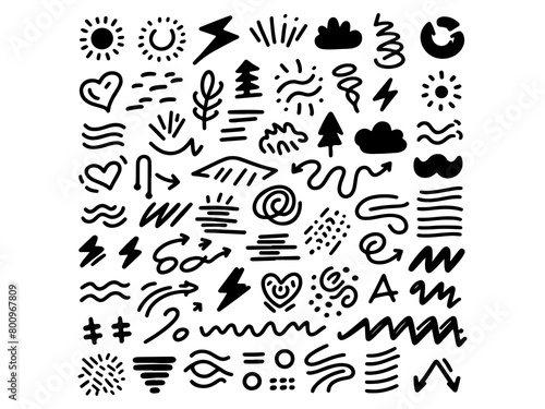 Different types of shapes, hand drawn brush elements, scribbles, doodles, and forcible shape sets. 