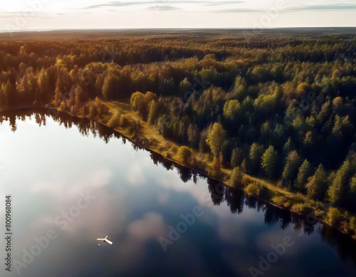  Water Footage Flight Flight Drone Aerial light soft Back forest calm landscape Magestic sunset 