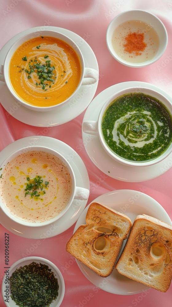 Top-down view of a table with bowls of soup and assorted sandwiches placed on top