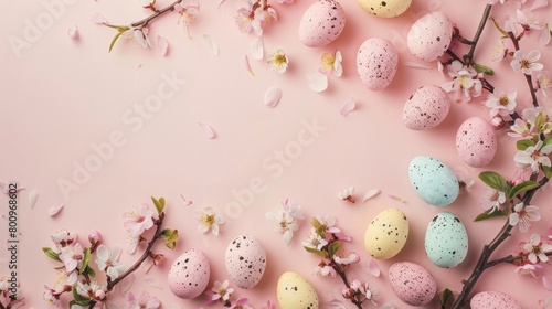 colorful small easter eggs with flowering branches on a light pink background with copy space - easter card background - spring design element