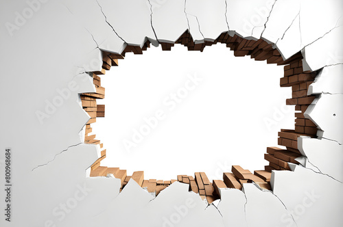Hole breaking through white wall, concept of breakthrough or escape. Transparent background. photo