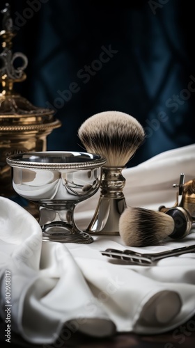 a silver bowl, shaving brush, and straight razor on a white cloth. The background is dark blue.