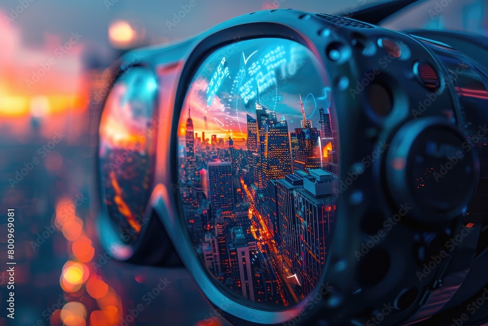 Mesmerizing view of a futuristic cityscape seen through virtual reality goggles, illustrating urban life in a technologically advanced world.