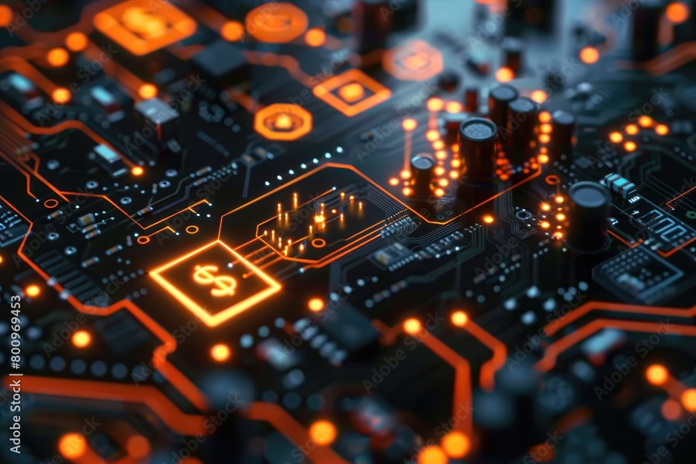 Intricate digital circuit board featuring glowing dollar signs, representing the intersection of technology and finance in the digital age. Intricate digital circuit board featuring glowing dollar signs, representing the intersection of technology and finance in the digital age.