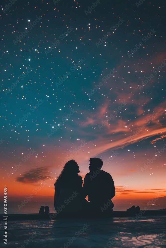 Two silhouettes sitting on a rooftop, their legs dangling over the edge as they lean against each other and watch the stars dance, Generative AI Two silhouettes sitting on a rooftop, their legs dangling over the edge as they lean against each other and watch the stars dance, Generative AI