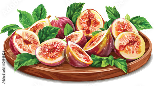 Wooden plate with sweet fig peaches and mint on white photo