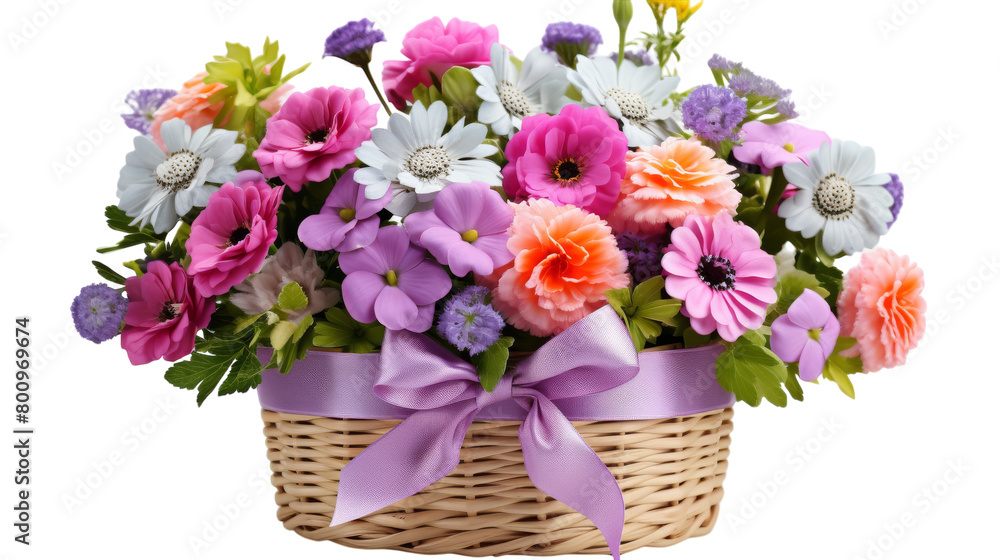 A basket overflows with a vibrant array of colorful flowers, creating a beautiful and cheerful display A basket overflows with a vibrant array of colorful flowers, creating a beautiful and cheerful display