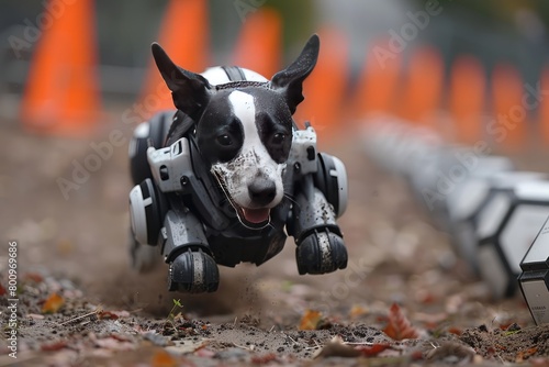 Robotic dog fitted with advanced augmented reality technology explores a testing facility, highlighting the integration of robotics and AR in training and simulation.