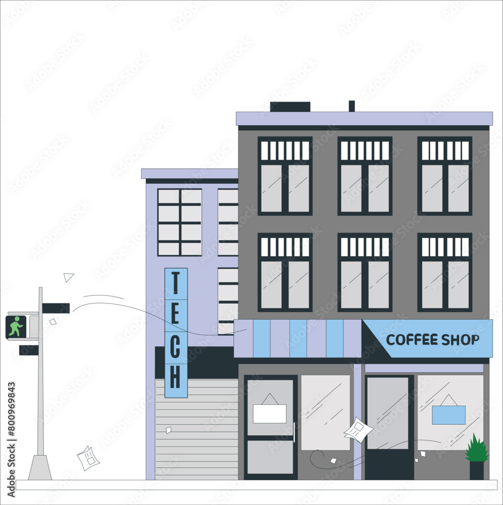 Set of vector detailed flat design coffees shop icons with traffic light. Cool graphic exterior for Coffee Shop business. Coffee shop exterior isolated on white background. flat illustration. 499