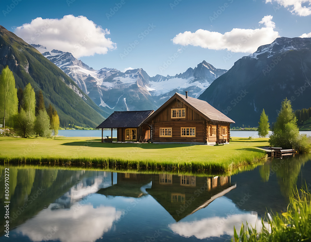 alpine lake in the mountains with a wooden house alpine lake in the mountains with a wooden house
