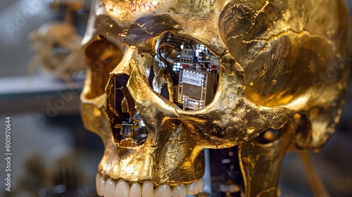 Golden Skull Showcasing Algorithms and Miniature Robots Exploring Cranial Cavity Generative ai photo