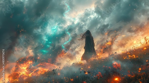 A lone figure stands in a field of fire. The sky is dark and stormy.