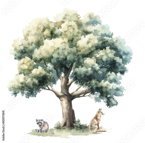 Raccoon and fox by a watercolor tree