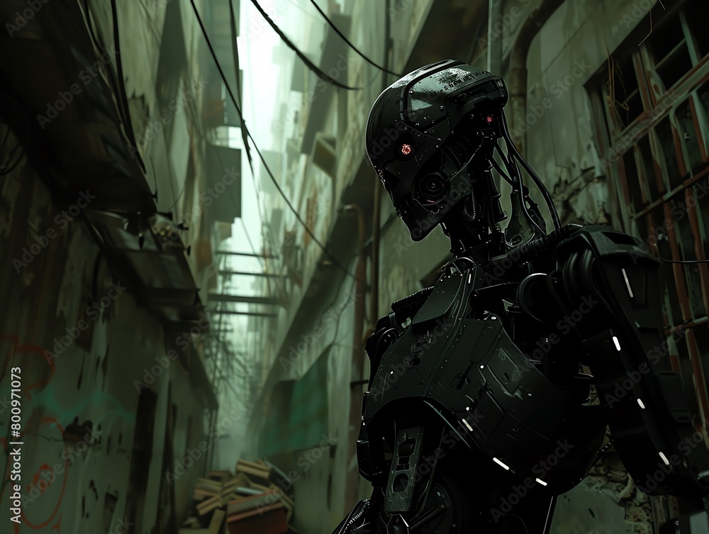 Juxtapose a haunting cyborg figure in a decrepit alley, the low-angle shot enhancing its imposing presence, creating a fusion of futuristic dread Juxtapose a haunting cyborg figure in a decrepit alley, the low-angle shot enhancing its imposing presence, creating a fusion of futuristic dread