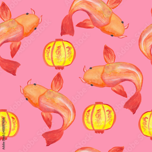 goldfish japanese chinese catfish and traditional yellow lantern seamless pattern on pink background watercolor illustration base for textile design tableware postcards traditional illustrations.