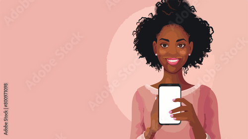 Young African-American woman holding mobile phone wit photo