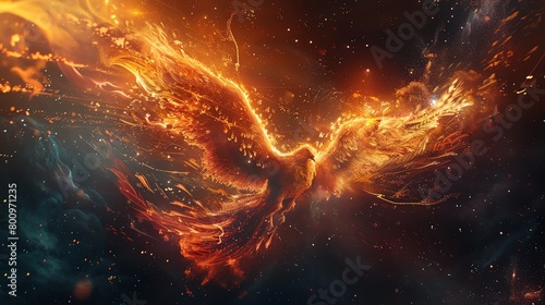 Illustrate a mythical phoenix rising from the depths of space, engulfed in ethereal flames and cosmic dust, using a mix of photorealistic and CG 3D elements Play with unconventional angles to portray photo