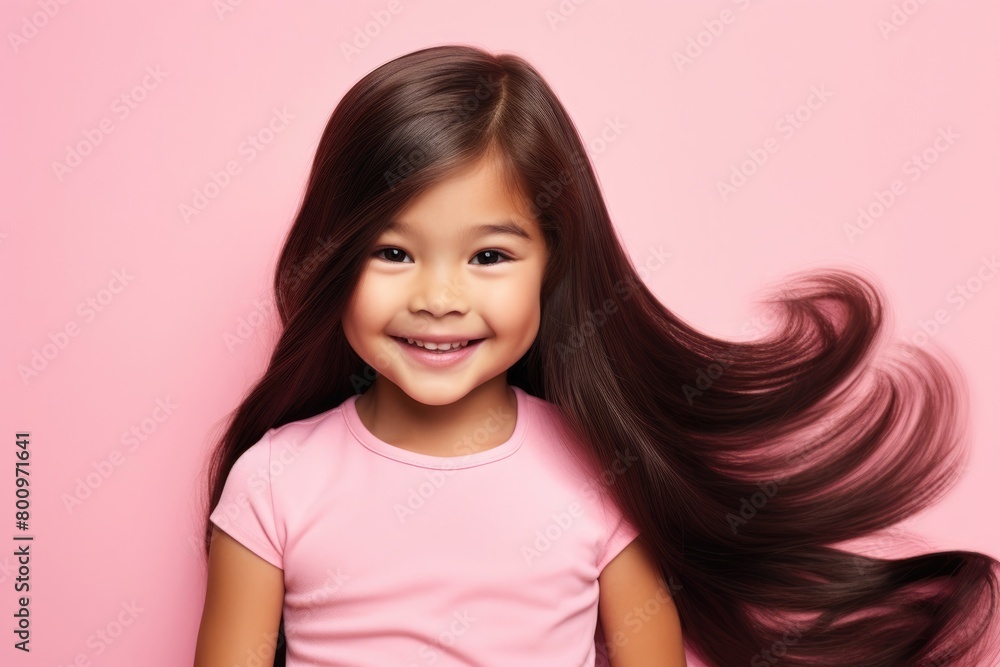 Smiling young brunette Korean child girl with healthy long hair Isolated on pink background. Smiling young brunette Korean child girl with healthy long hair Isolated on pink background.