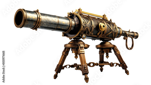 An ancient telescope, weathered with age, stands on a sturdy tripod under the open sky