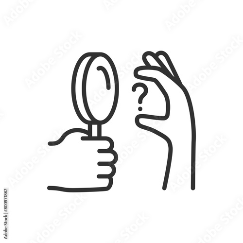 Exploring the question, linear icon. Magnifying glass and question mark in hand. Line with editable stroke