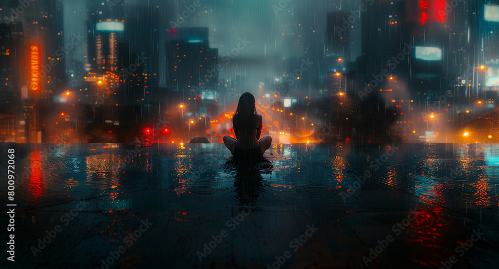 A contemplative person seated alone, rain cascading down, creating a mirror-like sheen on the ground under the melancholic city lights