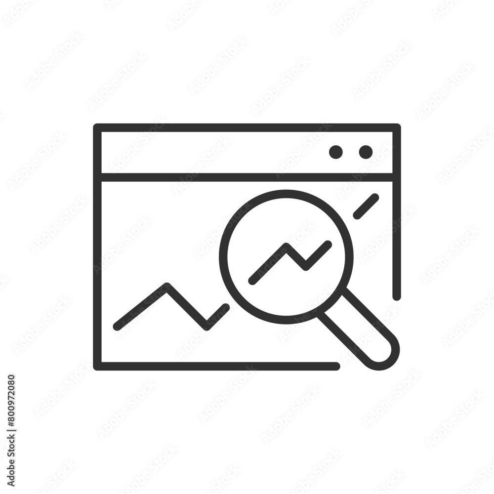 Analytics on program window, linear icon, magnifier and growth chart. Line with editable stroke Analytics on program window, linear icon, magnifier and growth chart. Line with editable stroke