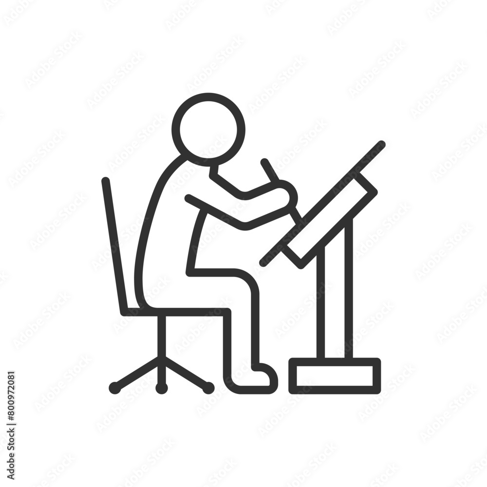 Design engineer draws a blueprint, linear icon. An engineer works on a drawing at an engineering table. Line with editable stroke Design engineer draws a blueprint, linear icon. An engineer works on a drawing at an engineering table. Line with editable stroke