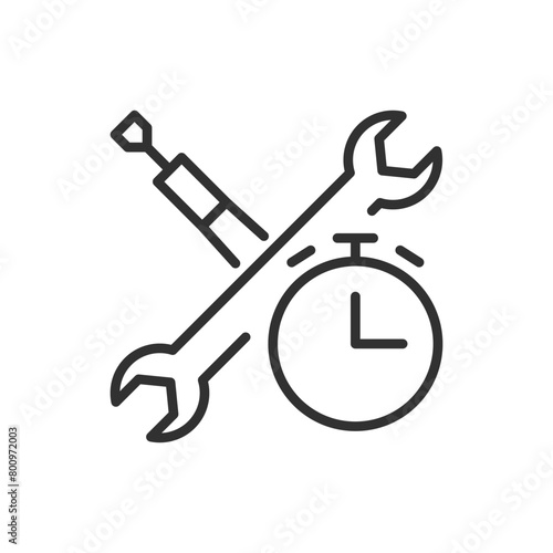 Quick tech repair, linear icon. Screwdriver, wrench and timer. Line with editable stroke