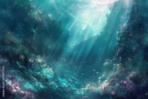 Capture the essence of an underwater fantasy by combining traditional painting techniques with abstract elements, showcasing a high-angle viewpoint to depict a dreamlike world teeming with imaginative photo