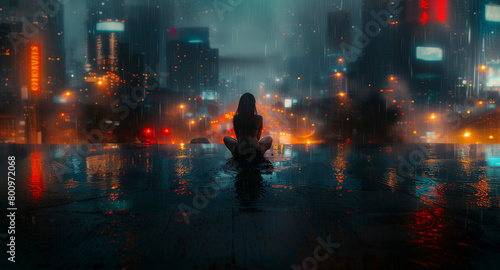 A contemplative person seated alone, rain cascading down, creating a mirror-like sheen on the ground under the melancholic city lights