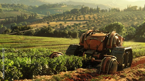 Design a landscape where robotic farm machinery plows fields next to hand-tended crops, playing with depth of field to highlight the harmony between advanced machinery and timeless agricultural practi photo