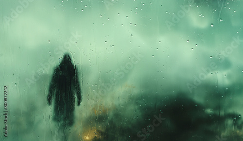Arcane Character: A mystical figure's silhouette drawn on a misty window, with droplets of rain framing the enigmatic presence