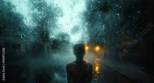 Arcane Character: A mystical figure's silhouette drawn on a misty window, with droplets of rain framing the enigmatic presence