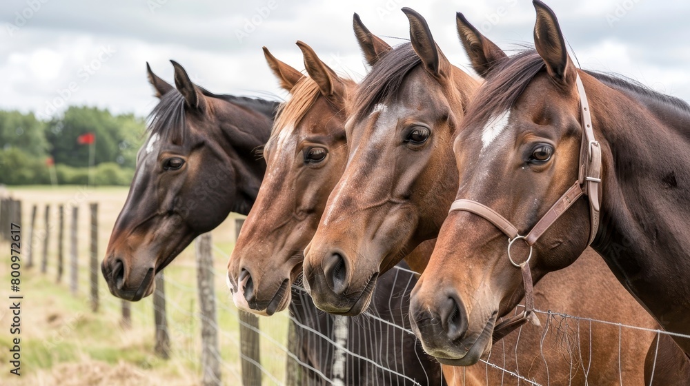 lineup of horses - horses putting their heads together - equestrian group - horses on a field behind a fence lineup of horses - horses putting their heads together - equestrian group - horses on a field behind a fence