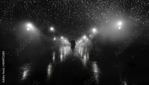 Minimalist graphite style: A lone figure on a rainy evening, surrounded by the ambiance of streetlights and the reflective dance of rain on the ground