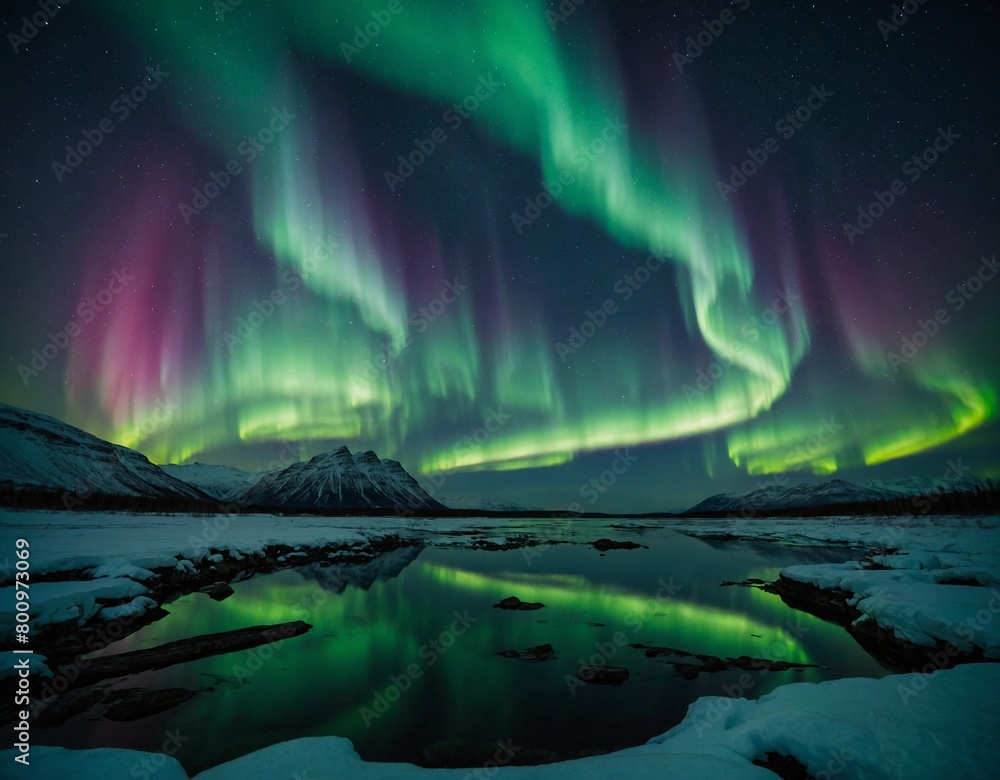 The Northern Lights (Aurora Borealis) dancing across a starry night sky.
