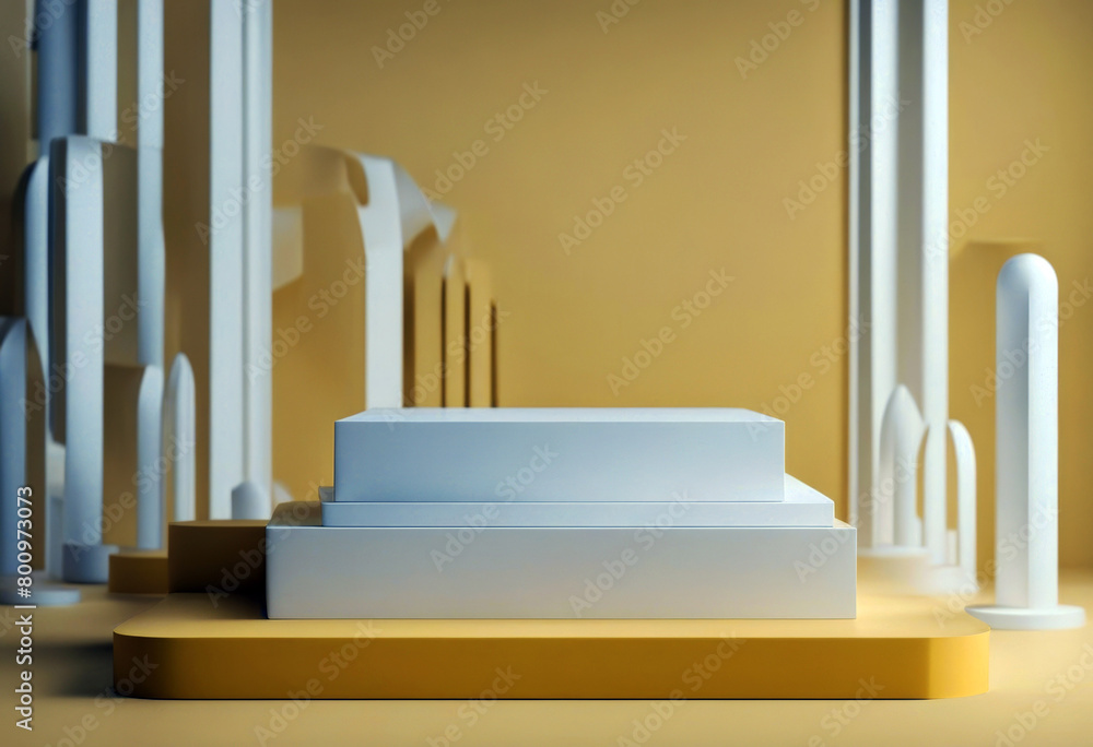 Fototapeta premium 'White podium mock up product presentation yellow wall.'