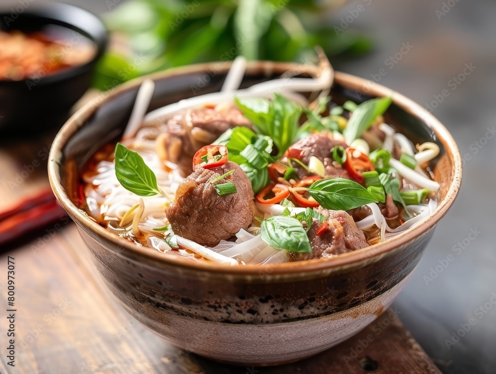 Beef Pho Noodle Soup Close-Up Vietnamese Food Dining Dinner Blurred Background Image
Beef Pho Noodle Soup Close-Up Vietnamese Food Dining Dinner Blurred Background Image