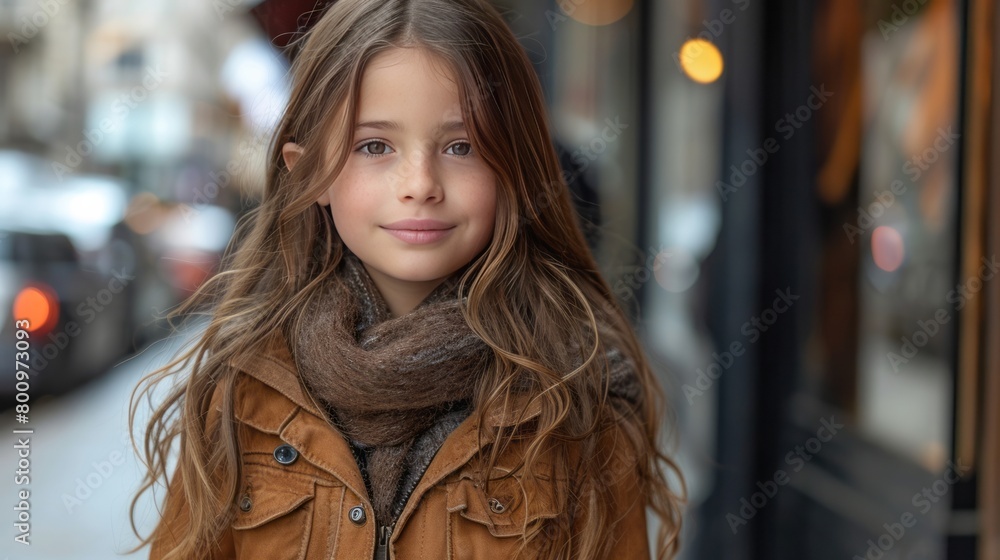 Beautiful 12 year teen girl model, outdoors on a city sidewalk