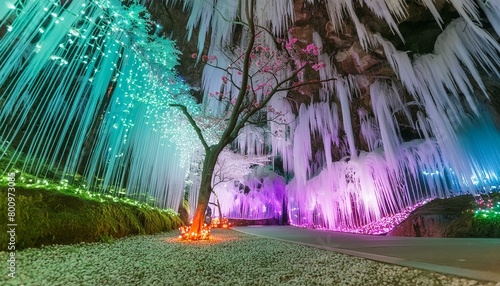 landscape with ice trails in the tunnel waterfall in the park fountain in the park night in the city fountain in the night