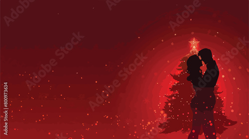 Young couple with Christmas tree on red background Vector