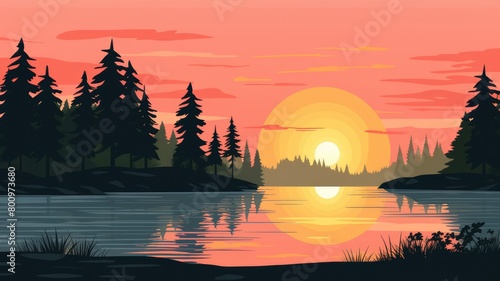 Tranquil Sunset Lake with Silhouetted Pine Trees