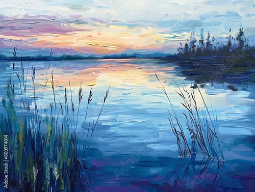 Capture the essence of a serene lakeside at dusk, with gentle ripples reflecting the sunset hues in an oil painting style Allow the viewer to feel the soothing rhythms of nature through every brushstr