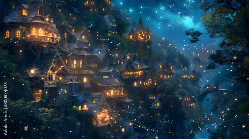 llustration of a beautiful dwarf village at night  filled with the light of fireflies