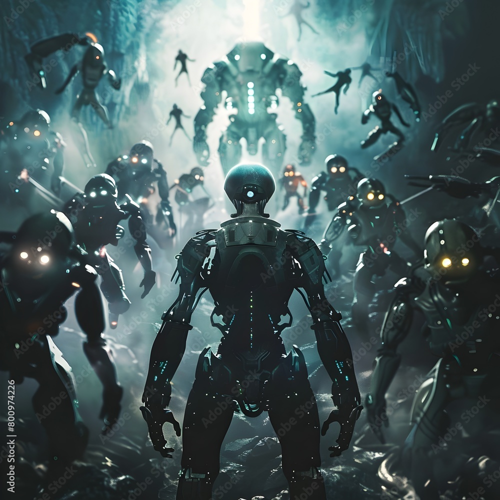 Cyborg Warrior Confronting Alien Robotic Swarm in Futuristic Dystopian Landscape Cyborg Warrior Confronting Alien Robotic Swarm in Futuristic Dystopian Landscape