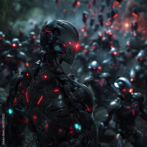 Cyborg Warrior Confronting Swarm of Alien Robots in Futuristic Battlefield