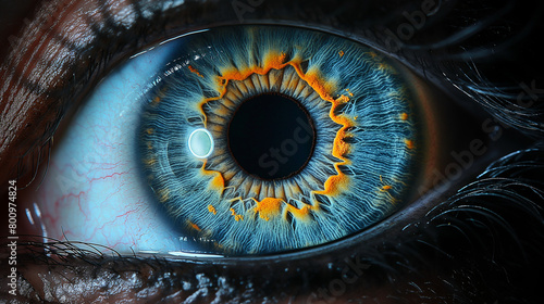 Close up of eye iris on black background, macro, photography. photo